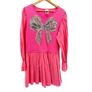 Queen of Sparkles‎ Pink Sequin Bow Mixed Media Mini Dress Long Sleeve Large